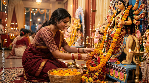 Devoted woman offering flowers at Hindu festival celebration with idol of goddess Durga. Rituals include marigold garland arrangement and prayers during Indian festival celebrations.