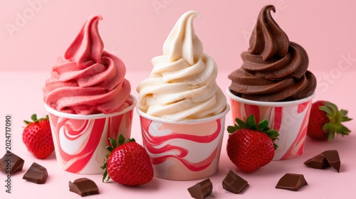 Strawberry Vanilla and Chocolate Soft Serve Ice Cream in Colorful Cups with Fresh Berries