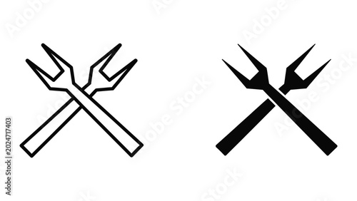 Canvastavla Crossed pitchforks and prongs black and white vector icons