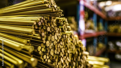 Golden Brass Metal Rods Stacked in Industrial Warehouse Storage