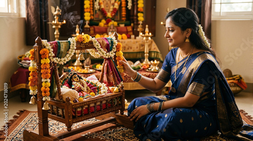 Celebrating Janmashtami with woman decorating idol in traditional attire, placing flowers in cradle. Janmashtami ceremony features vibrant decorations and rituals in spiritual ambiance,