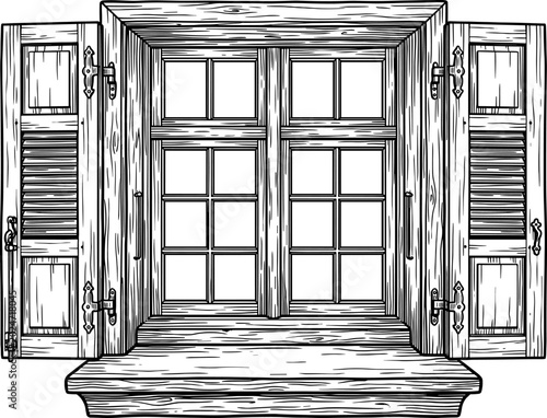 Old wooden window with open shutters and deep stone sill