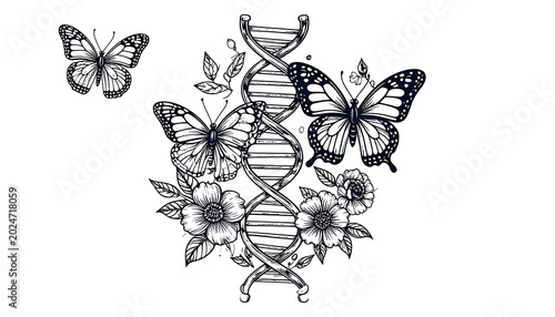 DNA helix with butterflies and flowers