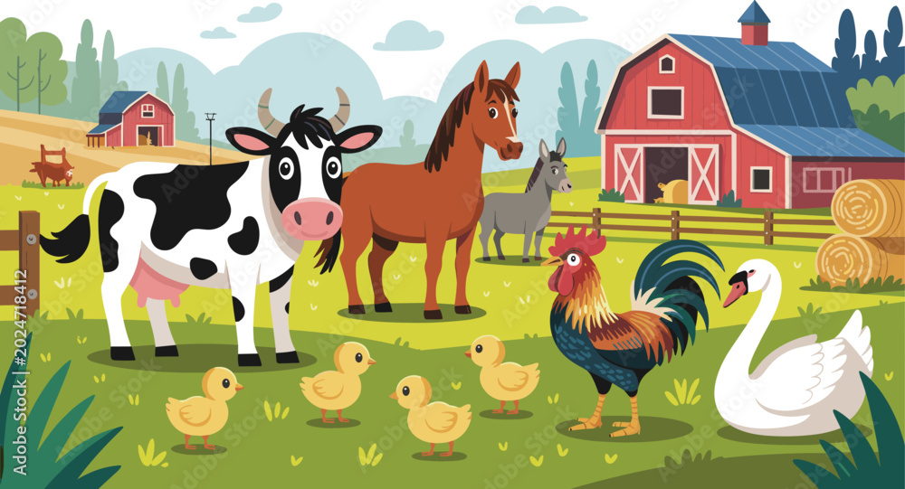 Naklejka premium Modern countryside farm vector illustration with barnyard animals and rural barn isolated background