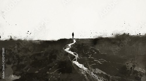 Canvastavla Expressive abstract high contrast monochrome black and white grungy ink splatter