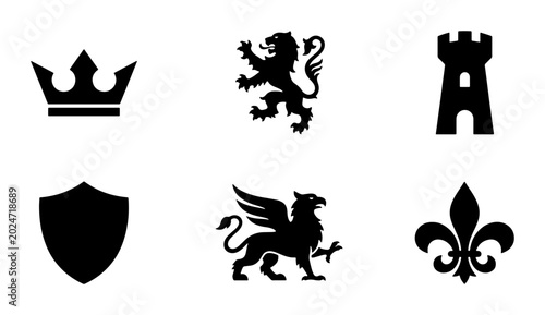 Canvastavla Heraldic Symbols Vector Icons: Crown, Lion, Castle, Shield, Griffin, Fleur-de-li