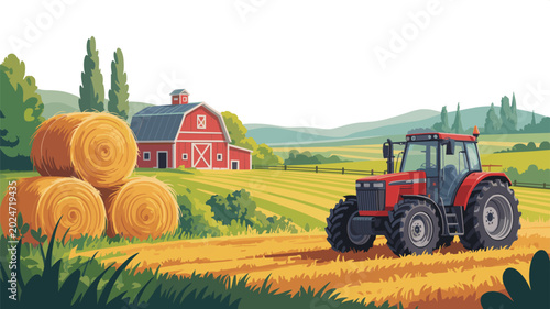 Foto Modern rural farm landscape vector illustration with red tractor and hay bales i