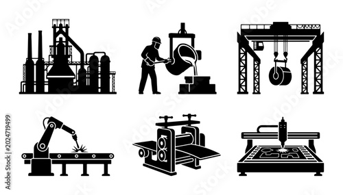 Foto Industrial Manufacturing Icons Set: Factory, Foundry, Automation, Laser Cutting,