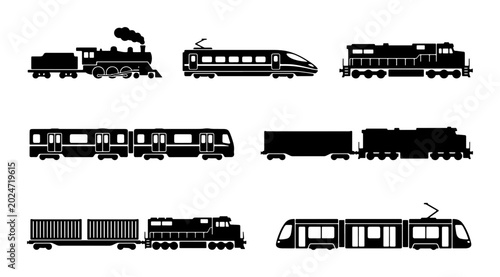 Obraz na plátně Diverse Train Silhouettes Collection: Locomotive, High-Speed, Freight, Tram Icon