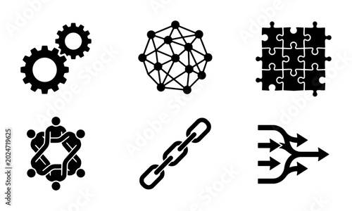 Fotografie Business Connection Icons: Gears, Network, Puzzle, Teamwork, Chain Link, Flow Ar
