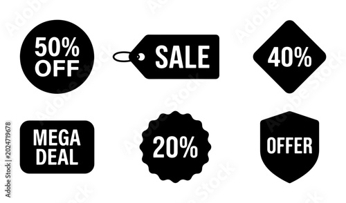 Tableau sur toile Black Sale Tags and Discount Icons Set, 50% Off, 40%, 20%, Mega Deal Offer Label