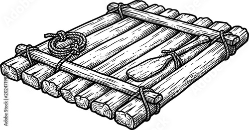Simple timber raft with an oar tied to the logs