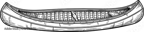 Sleek wooden canoe viewed from a side perspective
