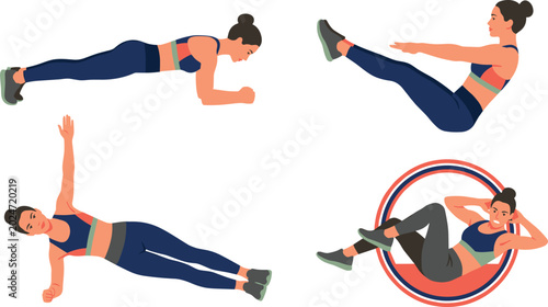 Fotografie Women Abdominal Workout Vector Set Featuring Female Characters Doing Core Exerci