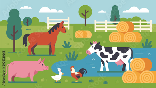 Tableau sur toile Flat farm animal barnyard vector illustration with countryside pond scene isolat
