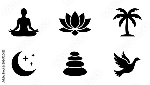 Photography Zen Icons: Meditation, Lotus Flower, Palm Tree, Moon Stars, Stacked Stones, Dove