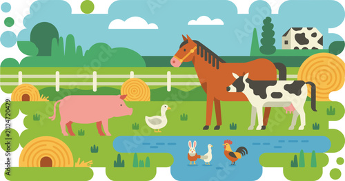 Cuadro en lienzo Flat farm animal barnyard vector illustration with countryside pond scene isolat