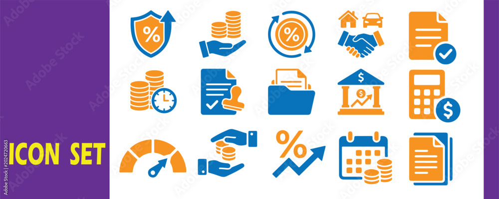 Fototapeta premium Finance and investment icon set with investment calculator security percentage transaction portfolio liability mortgage insurance analysis financial business illustration