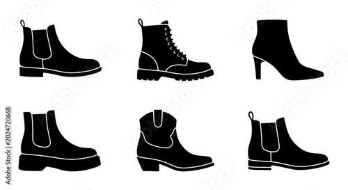 Konstfotografi Black Boot Icons Collection, Fashion Footwear Vector Set, Versatile Shoe Silhoue