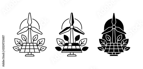 Tableau sur toile Renewable Energy Icons: Wind Turbine, Solar Panel, Leaves