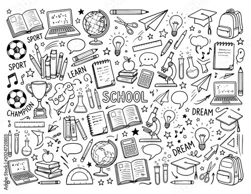 Hand drawn school supplies doodle background with educational elements