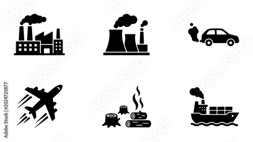 Canvastavla Industrial Pollution Icons, Environmental Impact Symbols, Factory Emissions, Car