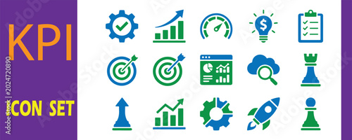 Kpi and business performance icon set with business performance indicator speedometer lightbulb checklist clipboard strategy planning analysis statistic progress efficiency management