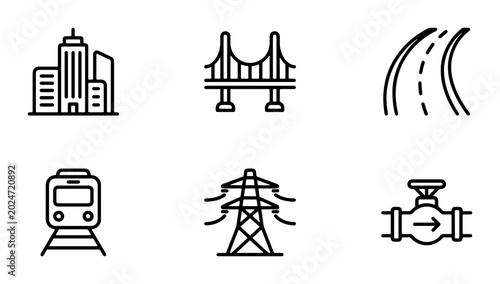 Tableau sur toile Cityscape Icons, Bridge, Road, Train, Power Line, Pipe Valve, Urban Infrastructu