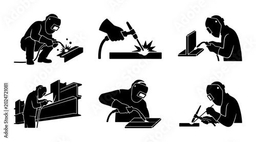 Foto Welding Icons Set, Industrial Worker Silhouettes, Metal Fabrication Process, Man