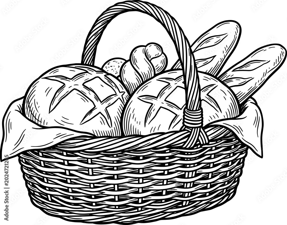 Fototapeta premium Wicker basket filled with assorted bakery breads