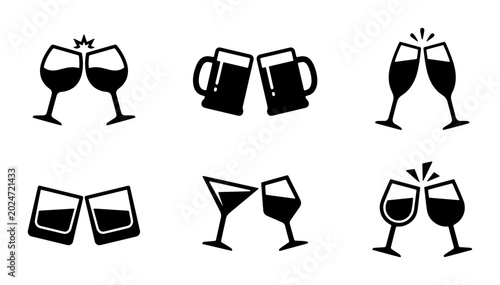 Bild auf Leinwand Cheers Icons Set, Celebration Toast Glasses Vector Collection, Alcohol Drinks Cl