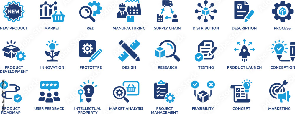 Fototapeta premium Product Development and Innovation Blue Business Icons Set for Research Manufacturing and Market Analysis