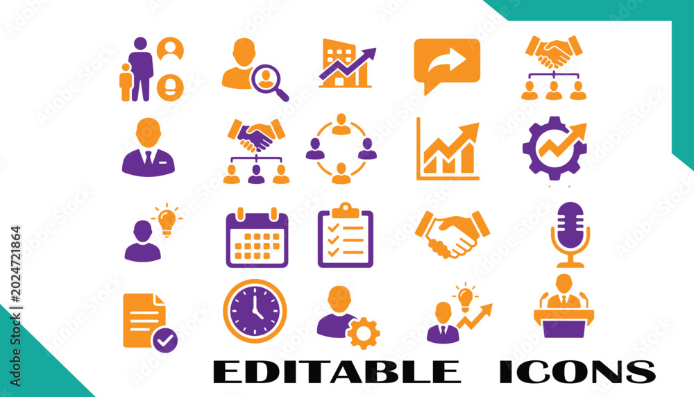 Fototapeta premium Corporate business and financial management icon set with strategy development team collaboration market growth and professional communication vector graphics business management corporate