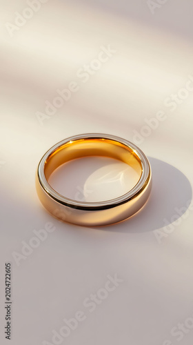 A simple gold wedding band rests on a smooth, light-colored surface, casting a gentle shadow