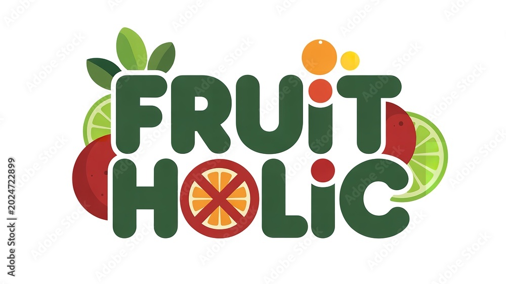 Naklejka premium Colorful fruit holic text logo with watermelon apple orange and leaves on white background