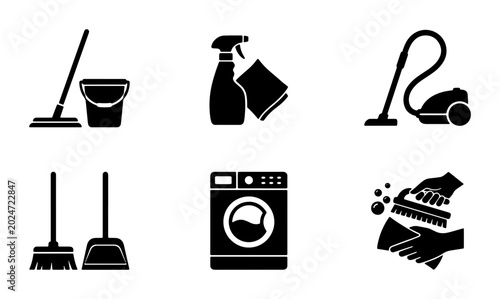 Photos Cleaning Icons Set: Mop, Bucket, Spray Bottle, Vacuum Cleaner, Washing Machine,