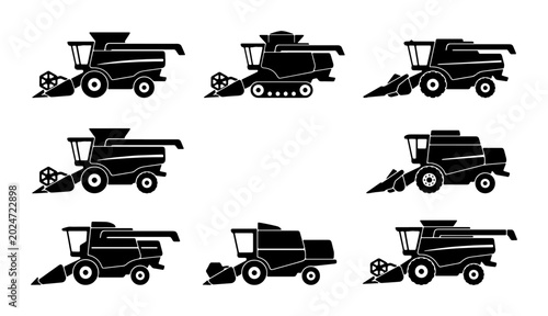 Photos Set of 9 Black Silhouette Combine Harvester Icons, Agricultural Machinery Vector