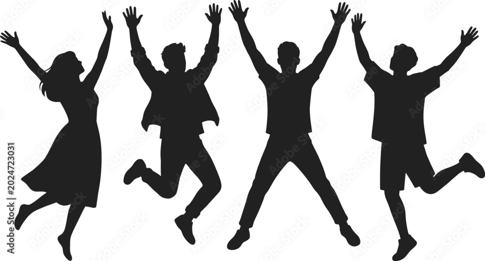 Fototapeta premium Black silhouette of happy group of friends jumping in the air with arms raised isolated on white background
