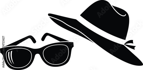 Fényképezés Black silhouette icon of a stylish sun hat and modern sunglasses for summer fash