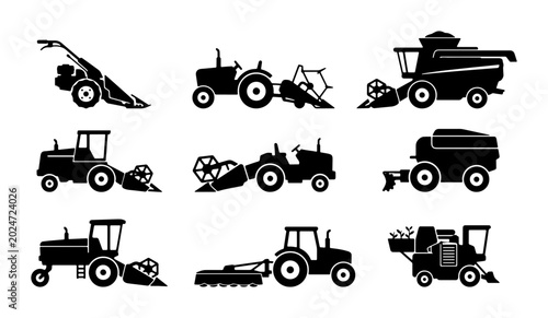 Foto Agricultural Machinery Icons: Tractors, Harvesters, Cultivators, and Farm Equipm