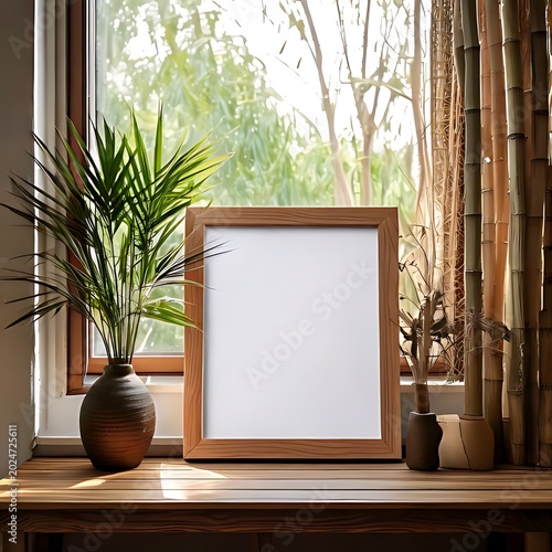Empty wooden frame by window, plants, bamboo