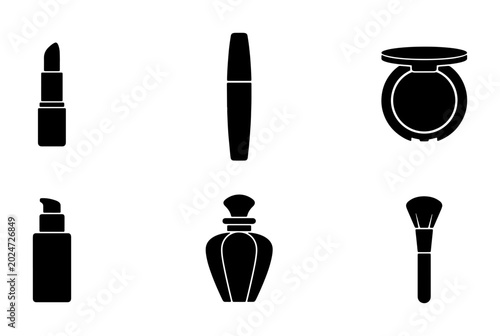 Cosmetics Icons Set, Makeup Vector Collection: Lipstick, Mascara, Powder, Foundation, Perfume, Brush for Beauty and Fashion Graphics