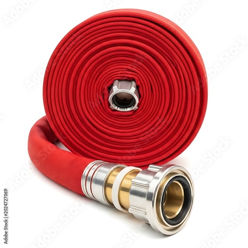 Coiled red fire hose with silver and gold nozzle on white background