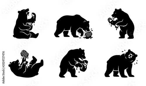 Black Bear Silhouettes, Honey Pot Illustrations, Wildlife Animal Graphics, Vector Set for Nature Designs