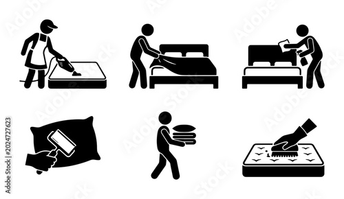 Fotografie Housekeeping Icons Set: Bed Making, Cleaning, and Laundry Tasks, Vector Graphics