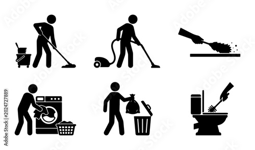 Slika na platnu Home Cleaning Icons Set, Housekeeping Pictograms, Household Chores Vector Graphi