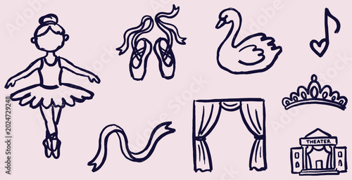 Photos Hand-drawn ballet icons and elements on a pink background, including a ballerina, swan, and theater