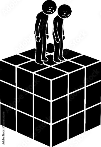 Sad figures standing on large isometric cube