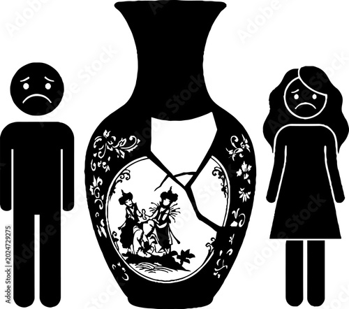 Sad couple standing next to broken antique vase