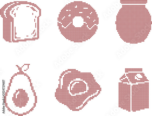 Crossstitch breakfast food icons set isolated 
